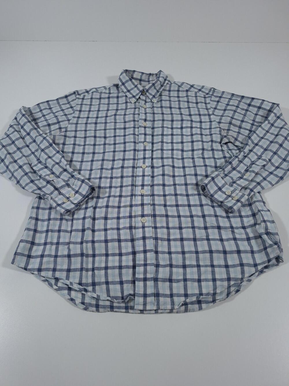 Brooks Brothers Irish Linen Shirt Mens L Blue Plaid Button Down Regent L/S FLAW